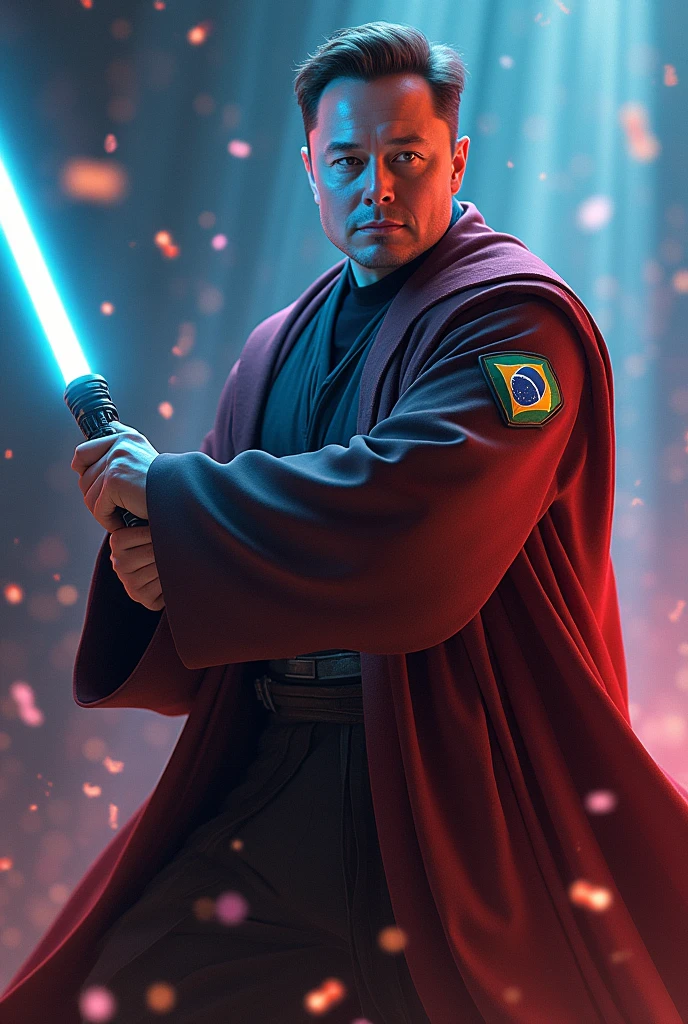 Image of Elon Musk wearing a Star Wars obi outfit with a Brazilian patch knocking Voldemort away