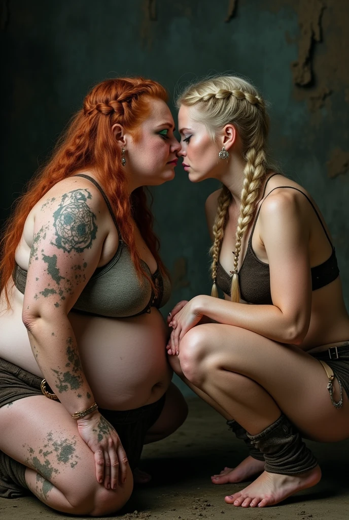Photo visible feet of a open legs squatting barefoot old women, an 60-year-old chubby Viking woman, sitting on the floor alongside her 30-year-old lady barefoot. The mature has fair skin, large sagging breasts, a very muscular body, and a strikingly beautiful face with large green eyes and cracked lips. Her thick red hair is styled in a single braid. She appears dirty, covered in mud with scrapes and bruises, and is wearing a tight Viking bikini that is too small for her body, along with Viking accessories. The other lady is a fit and athletic 30-year-old Viking woman, is also barefoot, with fair skin, long blonde hair in a neat braid, and is similarly dirty with scrapes and bruises. She is wearing a tight Viking bikini that is too small for her body, complemented by Viking accessories. Her face shows sorrow and shame, with large green eyes and full lips. The image is visible feet open legs squatting captured in a high-quality studio setting with excellent lighting and details.