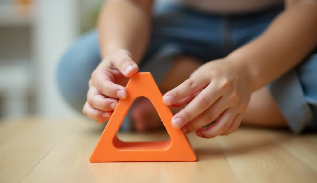someone playing with a square toy that needs to go into a triangle shape