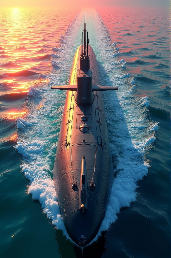 Generate me an image of a combat submarine firing a torpedo in a rainbow colored sea
