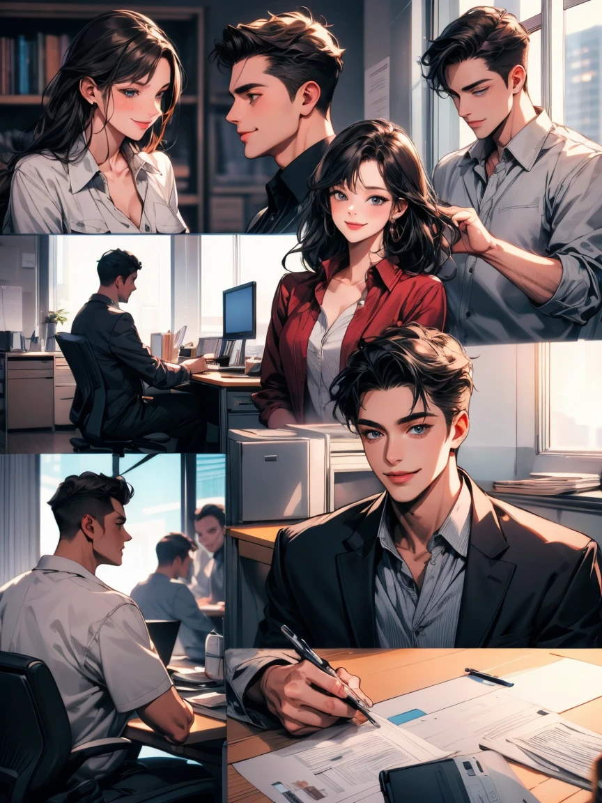 masterpiece, collage of couple, 1 guy, 1 woman, working, happy, smile, office