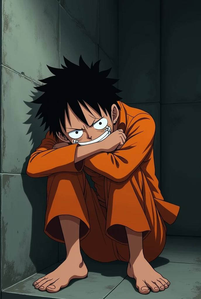 Monkey D. Luffy in an orange long-sleeved prison uniform with his eyes closed and crying inside a prison 