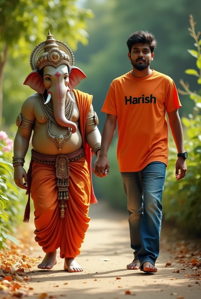 20 year old boy walking and holding hand with Lord Ganesha, boy is bare feet wearing saffron T-shirt with name "Harish" written boldly, environment is gorgeous, background is garden, both are in focus, ultra clear, hyper detailed image, Boy and Ganesh ji looking straight.