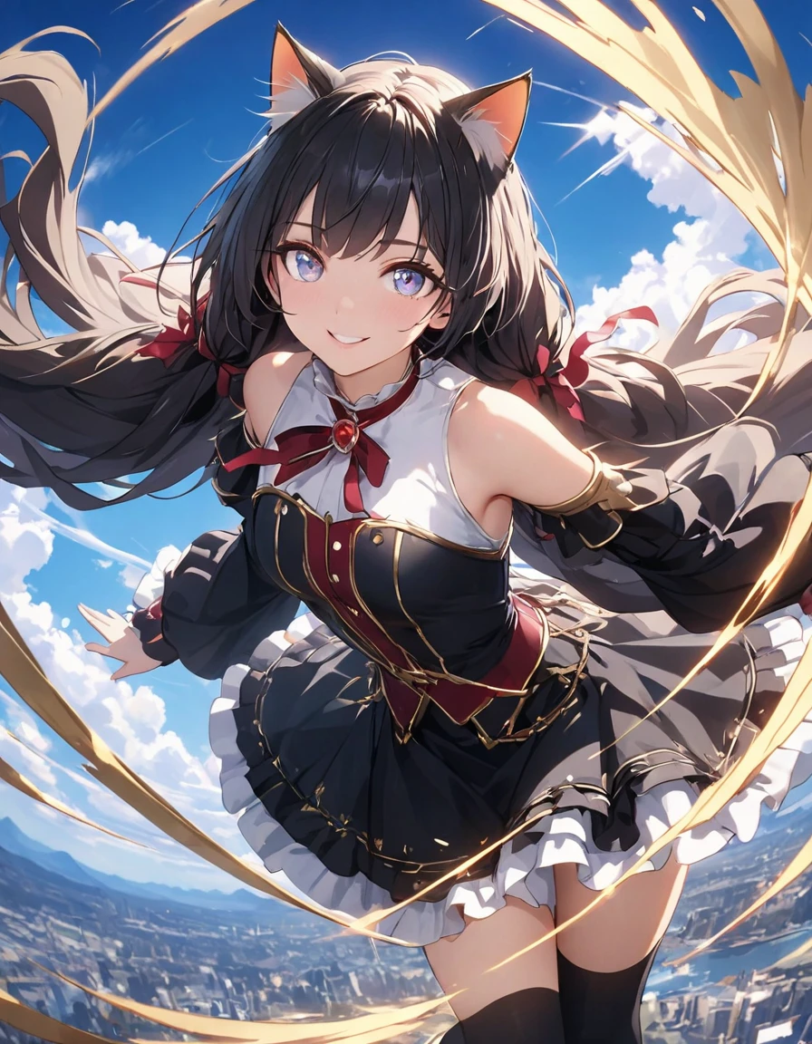 (high quality, 8k, 4K, High Contrast, masterpiece:1.2, 最high quality, Best aesthetics), beauty, ,Cat ear, Very detailed, Enchanting girl, smile, Focus on the face, Complex eyes, Black knee-high socks, ガHataーベルト、Dynamic Angle、The finer details、Ray Tracing、Red cheeks、Lip details、Beautiful eyes(Hata、skirt)、ribbon、race、the wind is strong