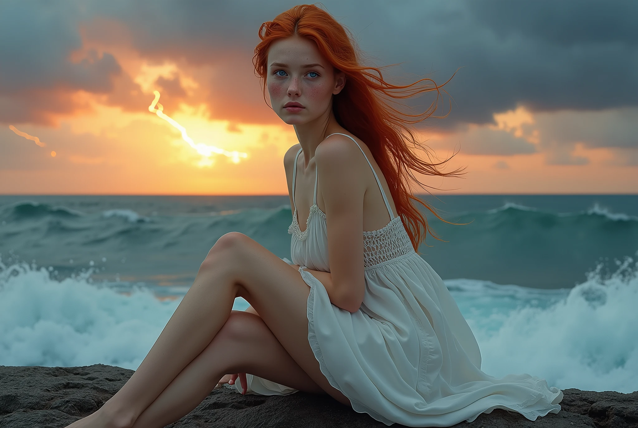 (photorealism:1.2), photographic portrait of a beautiful young slim woman with red hair blowing in the wind and blue eyes, with pale complexion and a little freckles on the face, sitting on a rock washed by the sea waves, by a very rough sea at sunset with colorful light clouds and lightning bolts in the sky, with a white dress and intense look