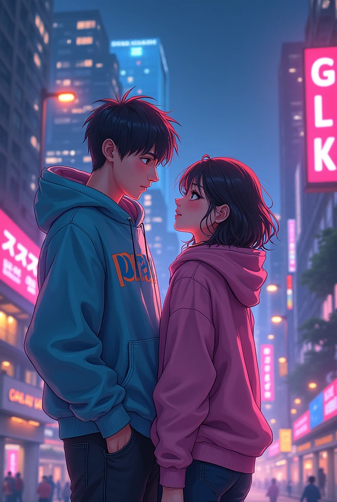 Create 2 couple character anime:
Character 1: male, hoodie HD text: “Pras”, handsome;
Character 2: female, hoodie HD text: “Cici”, beautiful;
{background: capital text: “GLBK” in right-top, night city},
realistic, HDR, korean style, full body, use magic, age 20