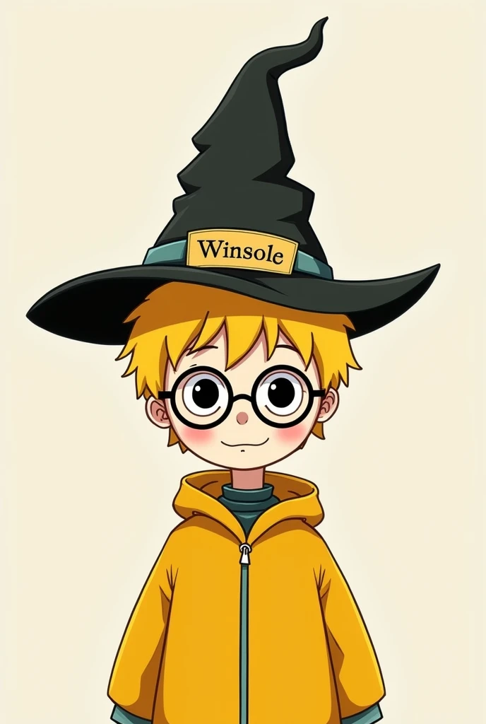 Draw a picture of a boy named Winston, in the Hogwarts Sorting Hat, he's blond, wear glasses, black eyed, with yellow jacket, the hat says he is from Hufflepuff, make the drawing in stick form (don&#39;t be realistic) and be careful with your eyes, make them symmetrical. And don&#39;t put any phrase or word