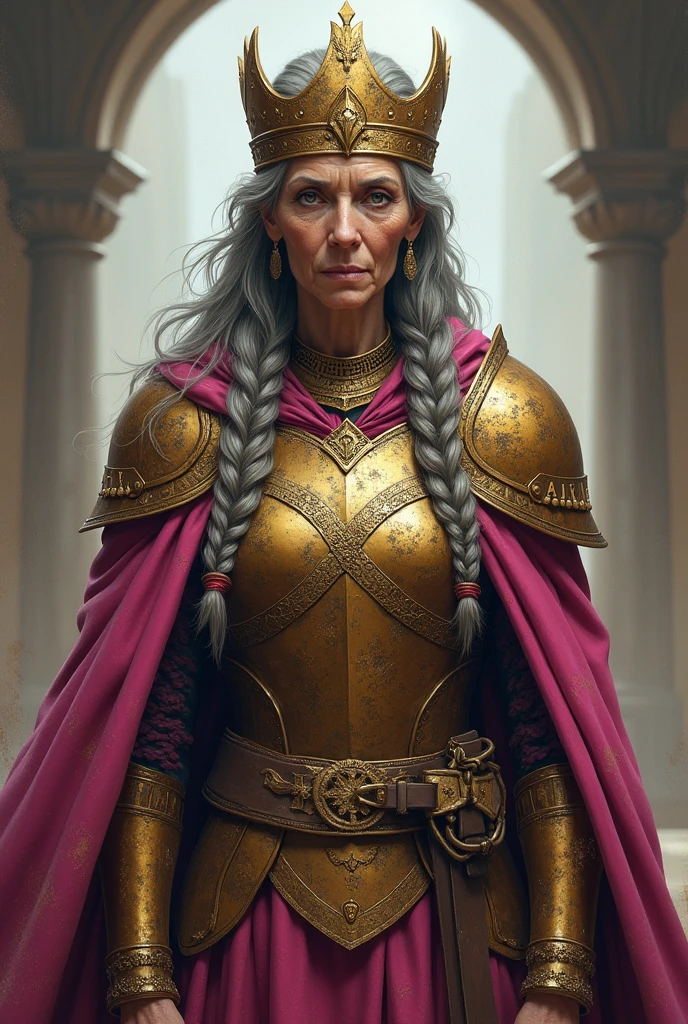 I want to create an old lady with 70 years old, long braided hair, very gray with wrinkles, pink armor with gold, a gold crown with engraving writing RAW, a golden cape with writing RAW on her armor. 