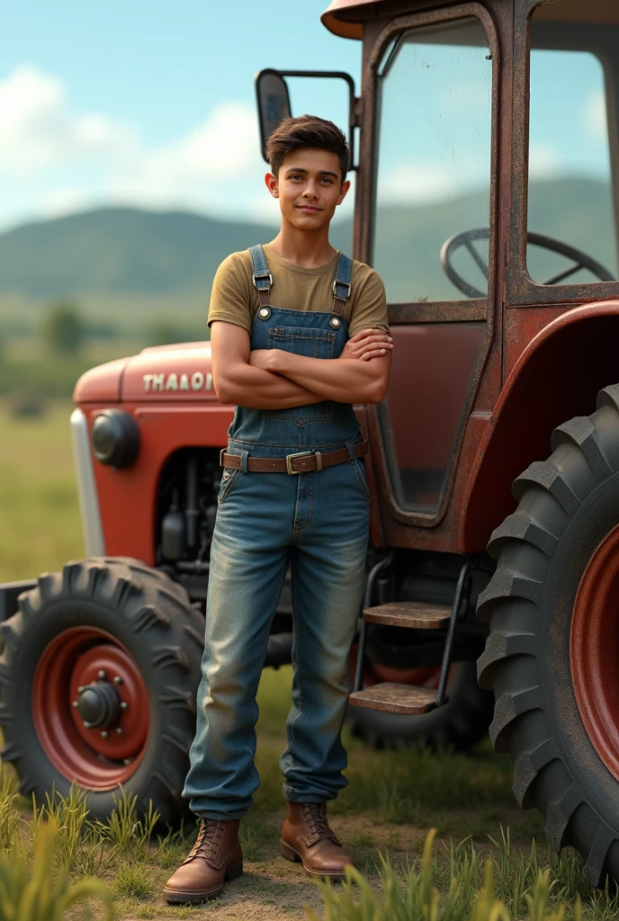 A 16 year village boy like realstick and aesthetic picture with hir tractor