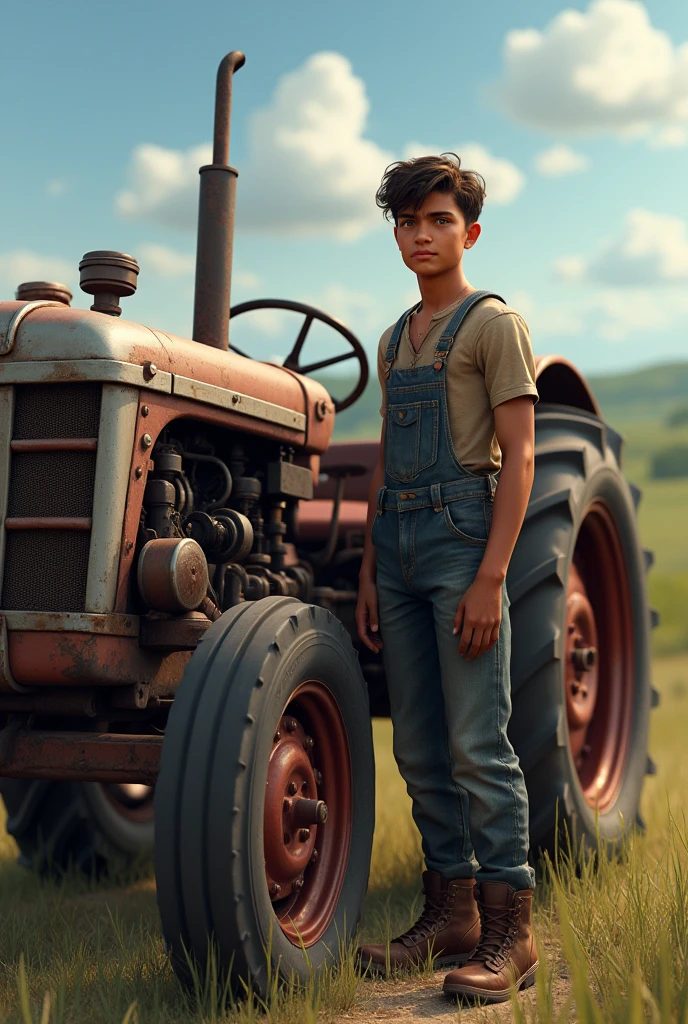 A 16 year village boy like realstick and aesthetic picture with hir tractor