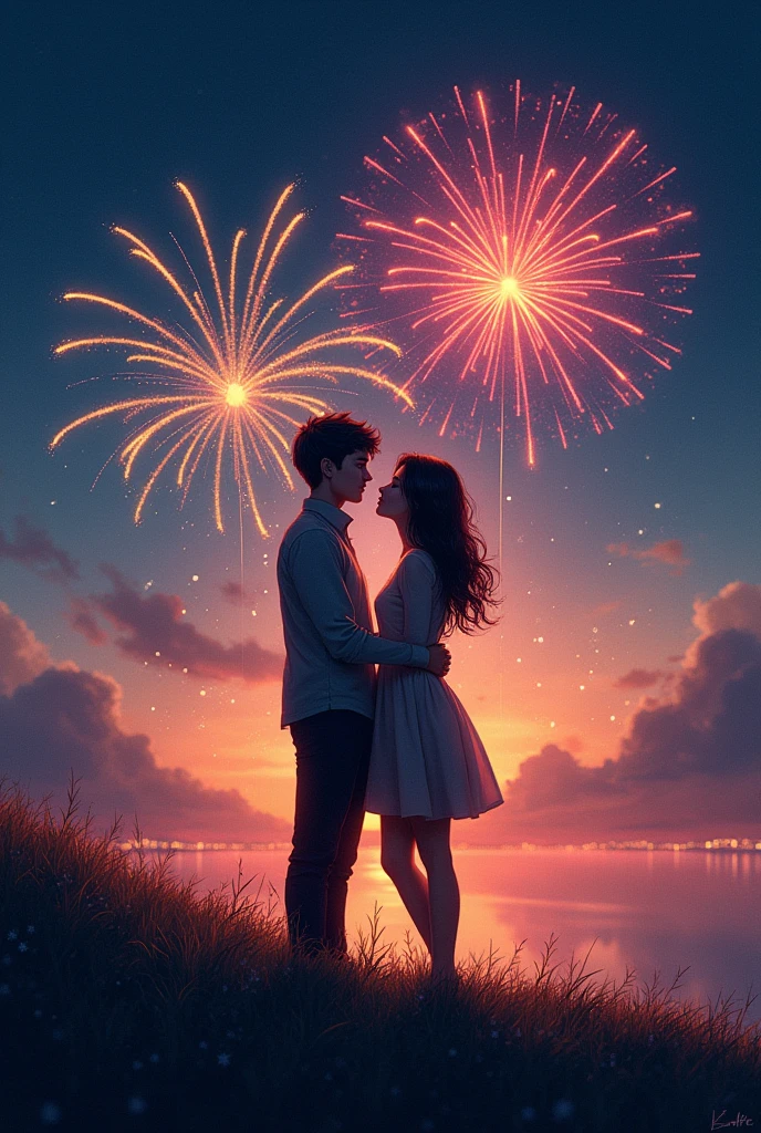 drawing of 2 people holding hands watching fireworks