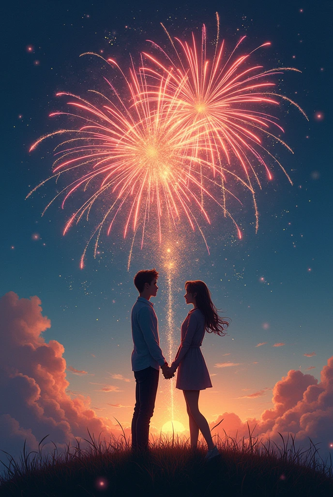 drawing of 2 people holding hands watching fireworks