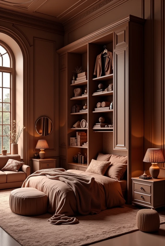 ((masterpiece, 8k, best quality, 8k, super realistic, high resolution:1.3)), bedroom made of chocolate, boom crossbar, open chocolate cabinet, clothes made of chocolate in the closet, chocolate world