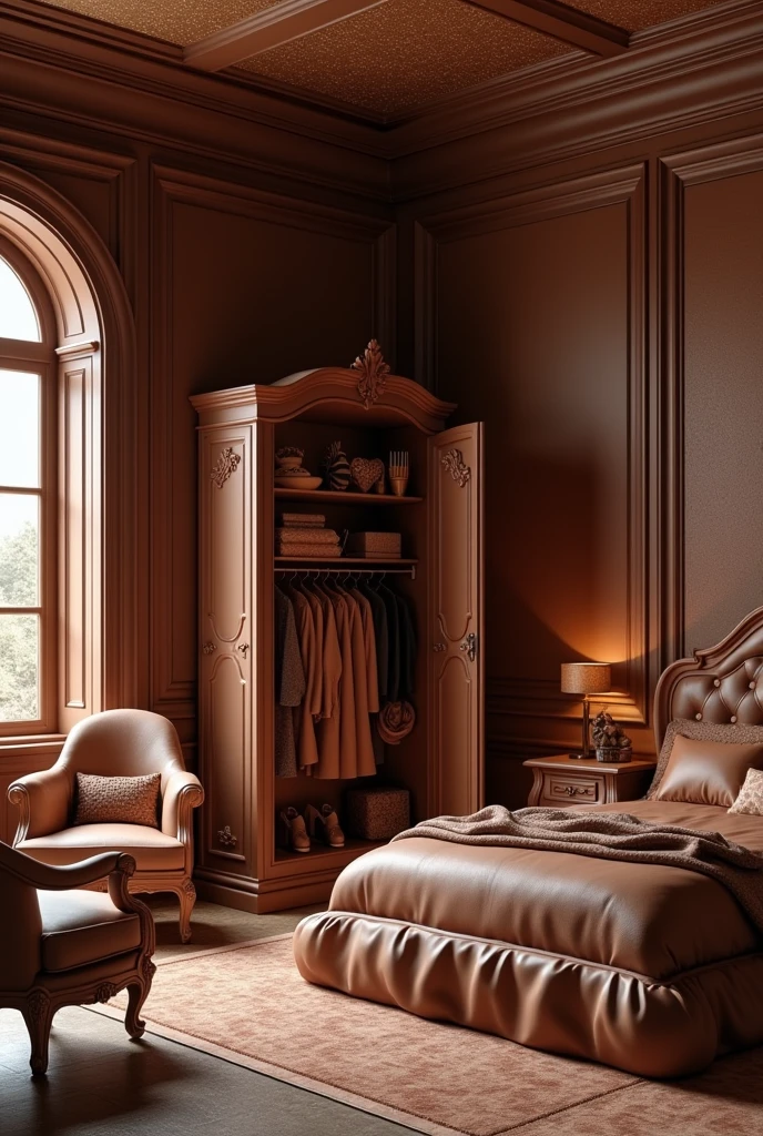 ((masterpiece, 8k, best quality, 8k, super realistic, high resolution:1.3)), bedroom made of chocolate, boom crossbar, open chocolate cabinet, clothes made of chocolate in the closet, chocolate world