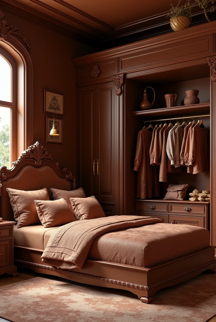 ((masterpiece, 8k, best quality, 8k, super realistic, high resolution:1.3)), bedroom made of chocolate, boom crossbar, open chocolate cabinet, clothes made of chocolate in the closet, chocolate world