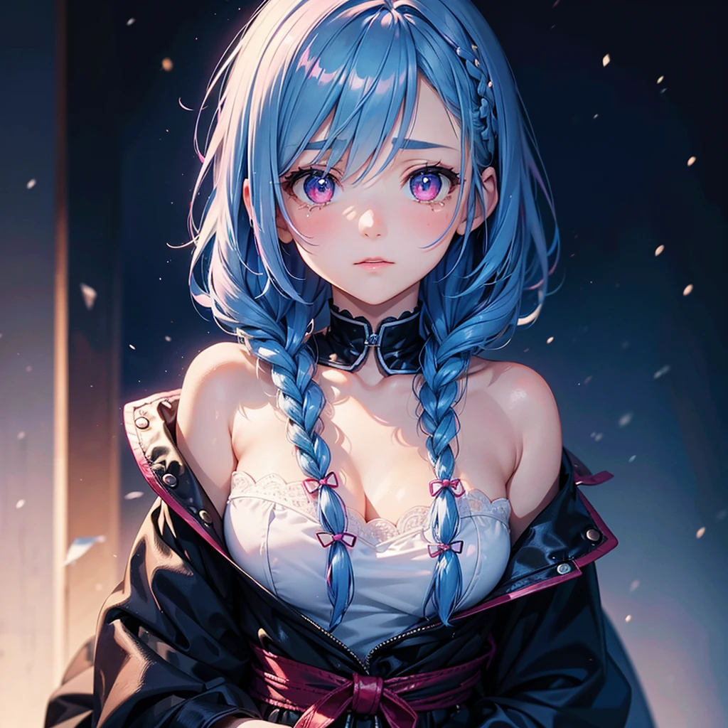 (Tying her sky blue hair into a single braid),(Pink Eyes),Fair skin,whole body,alone,Lonely face,tears,(Snowy Night),A lonely girl who got dumped just before Christmas,(masterpiece, Highest quality, Very detailed), Best Shadow,Detailed Background,Beautifully detailed face,High Contrast,Best lighting, Very delicate and beautiful,Cinematic Light,Hyper Detail,8k,Dramatic Light,Exquisite detail,