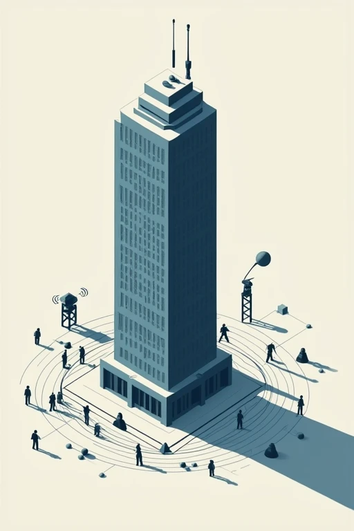 Telegram headquarters building surrounded by media symbols - cameras, microphones, social media icons. Long shadow cast by the building with small human silhouettes within. Isometric style with muted colors.