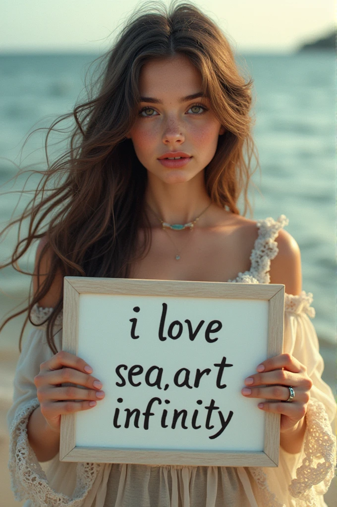 Beautiful girl with wavy long hair, bohemian dress, holding a white board with text "I Love Seaart Infinity" and showing it to the viewer