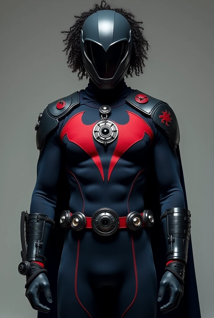 Nightwatcher to superbohater o tajemniczej i zarazem groźnej aparycji, which commands respect among opponents. His costume is a mix of modern technology and classic style., made of durable spandex and nanomaterials, which adapt to his needs. The dominant color is dark gray., która łączy się z czerwonymi i granatowymi akcentami, giving the outfit drama and strength. The costume consists of a fitted armor, which provides not only protection, but also increases his agility and flexibility in combat. A unique emblem stands out on the chest, combining the features of a snow leopard, spider, węgorza i sowy. The symbol is subtle, but its pattern suggests wisdom, strength, szybkość i precyzję, co doskonale odzwierciedla zdolności Axera.
Nightwatcher's helmet is one of the most distinctive elements of his appearance.. To zaawansowane technologicznie nakrycie głowy, resembling a combination of a mask and a helmet, zapewnia mu pełną ochronę i szereg dodatkowych funkcji, such as air filtration and visual analysis of the environment. Artificial ones emerge from the helmet, dark hair - a camouflage element, mający na celu zmylenie przeciwników co do jego prawdziwego wyglądu. W rzeczywistości Axer ma kręcone włosy, co dodaje mu dodatkowej anonimowości.
Na ramionach, elbows, There are round emblems on Nightwatcher's wrists and belt, which do not only have a decorative function, but they also allow him to shoot threads from different places on his body, which gives him an advantage in combat and allows for unexpected maneuvers. Thanks to nanotechnology, every element of his outfit is fully functional, providing the perfect balance between mobility and protection.
