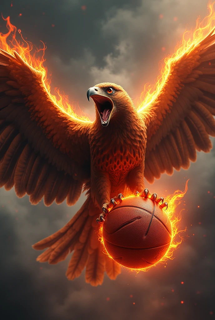 An angry hawk on fire with a basketball in its talons