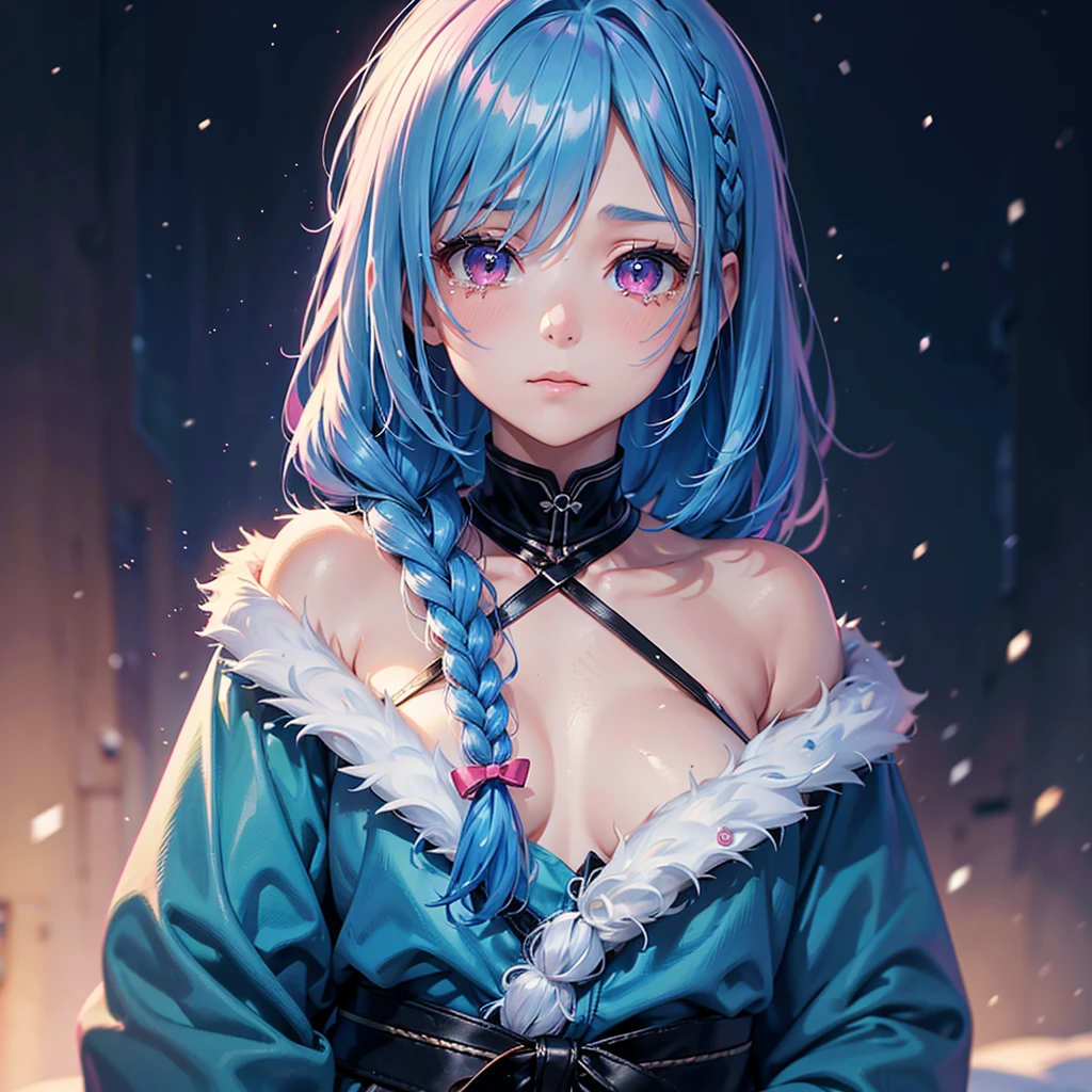 (Tying her sky blue hair into a single braid),(Pink Eyes),Fair skin,whole body,alone,Lonely face,tears,(Snowy Night),A lonely girl who got dumped just before Christmas,(masterpiece, Highest quality, Very detailed), Best Shadow,Detailed Background,Beautifully detailed face,High Contrast,Best lighting, Very delicate and beautiful,Cinematic Light,Hyper Detail,8k,Dramatic Light,Exquisite detail,