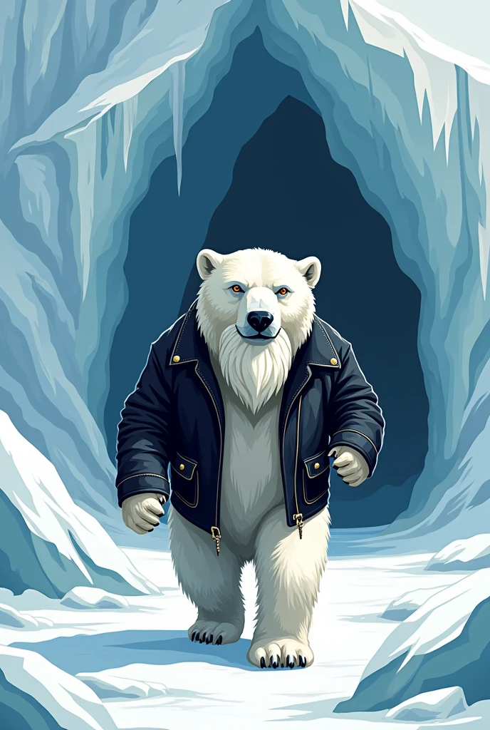 2d logo of a polar bear with a beard walking on two paws in a black leather jacket to an ice cave with the inscription above the cave Polarna Jama