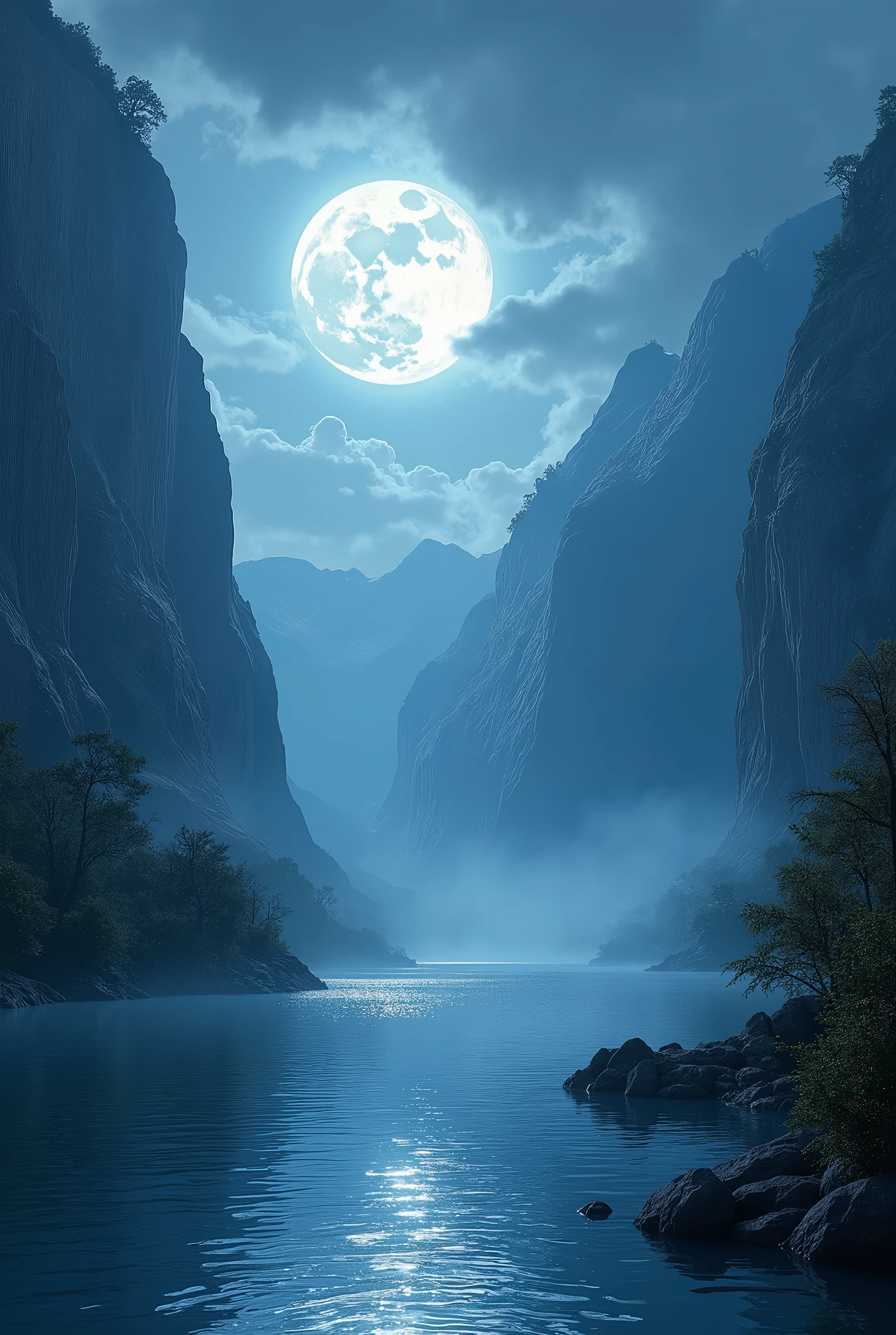 As the moonlight shimmers amidst the towering cliffs, cascading gracefully onto the surface of the tranquil lake, the gentle ripples dance playfully upon the water. A light mist hovers in the air, adding an ethereal touch to the serene scene. This breathtaking landscape is a mesmerizing display of nature's beauty and magnificence.