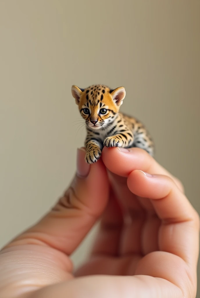 ((masterpiece, best quality, ultra detailed, 8K, photorealistic, hyperrealistic photo)), Micro Tiny baby [leopardo bravo] perched on a human finger