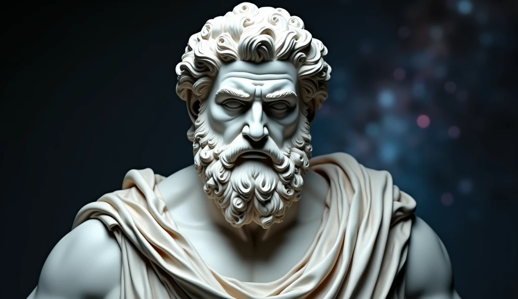 A realistic Greek white marble statue of Aristotle, brawny, brave and scary, detailed wearing a ghostly toga, neutral background, temperamental, , photorrealistic, super detailed, hyper realist, dark galaxy background, , close-up and serious face with very bright galaxy background, now he is doing something