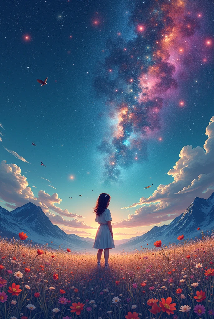 Maximum quality、on desk、1womanl、、(arte abstrata:1.4),(psychedelic theme:1.6),(Gunjo World:1.5),(Frozen World:1.5),(Winter world:1.5),(The center of the world is the most beautiful woman in the world),(many stars are falling:1.3),A expansive paisaje photograph , (The view from below，Above is the sky，There is an open field below), girl standing in flower field looking up, (fullmoon:1.2), ( Meteor:0.9), (nebula:1.3), distant moutain, tree BREAK production art, (Warm Light Source:1.2), (firefly:1.2), Light bulb, lot of purple and orange, details Intricate, Volumetric lightingBREAK (work of art:1.2), (best qualityer), 4K, extremely detaild, (Dynamic synthesis:1.4), very detailled, Detailed colorful,( rainbow colors:1.2), (luminous lighting, atmospheric lighting), dreamers, magie, (Lonely:1.2)(Nostalgic paisajes:1.5),(flowers coloridas:1.3),Garden girl,soft sunlight,breeze,Delicate flowers,rainbow colors的borboleta扇动翅膀,Mesmerizing natural beauty,Bright Star Fragments,ice crystals,moutain间小道, for trees, beat, children playing, flowers, borboleta, bird, paisaje, birds chirp, Sunlight through the trees, breeze, lush green leaves, sparkling water reflections, vibrant wildflowers, Laughter, Carefree children&#39;Expressions, dynamic brushstrokes, moutain, harmonious composition.