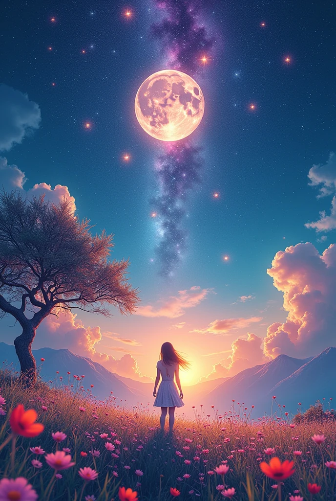 Maximum quality、on desk、1womanl、、(arte abstrata:1.4),(psychedelic theme:1.6),(Gunjo World:1.5),(Frozen World:1.5),(Winter world:1.5),(The center of the world is the most beautiful woman in the world),(many stars are falling:1.3),A expansive paisaje photograph , (The view from below，Above is the sky，There is an open field below), girl standing in flower field looking up, (fullmoon:1.2), ( Meteor:0.9), (nebula:1.3), distant moutain, tree BREAK production art, (Warm Light Source:1.2), (firefly:1.2), Light bulb, lot of purple and orange, details Intricate, Volumetric lightingBREAK (work of art:1.2), (best qualityer), 4K, extremely detaild, (Dynamic synthesis:1.4), very detailled, Detailed colorful,( rainbow colors:1.2), (luminous lighting, atmospheric lighting), dreamers, magie, (Lonely:1.2)(Nostalgic paisajes:1.5),(flowers coloridas:1.3),Garden girl,soft sunlight,breeze,Delicate flowers,rainbow colors的borboleta扇动翅膀,Mesmerizing natural beauty,Bright Star Fragments,ice crystals,moutain间小道, for trees, beat, children playing, flowers, borboleta, bird, paisaje, birds chirp, Sunlight through the trees, breeze, lush green leaves, sparkling water reflections, vibrant wildflowers, Laughter, Carefree children&#39;Expressions, dynamic brushstrokes, moutain, harmonious composition.