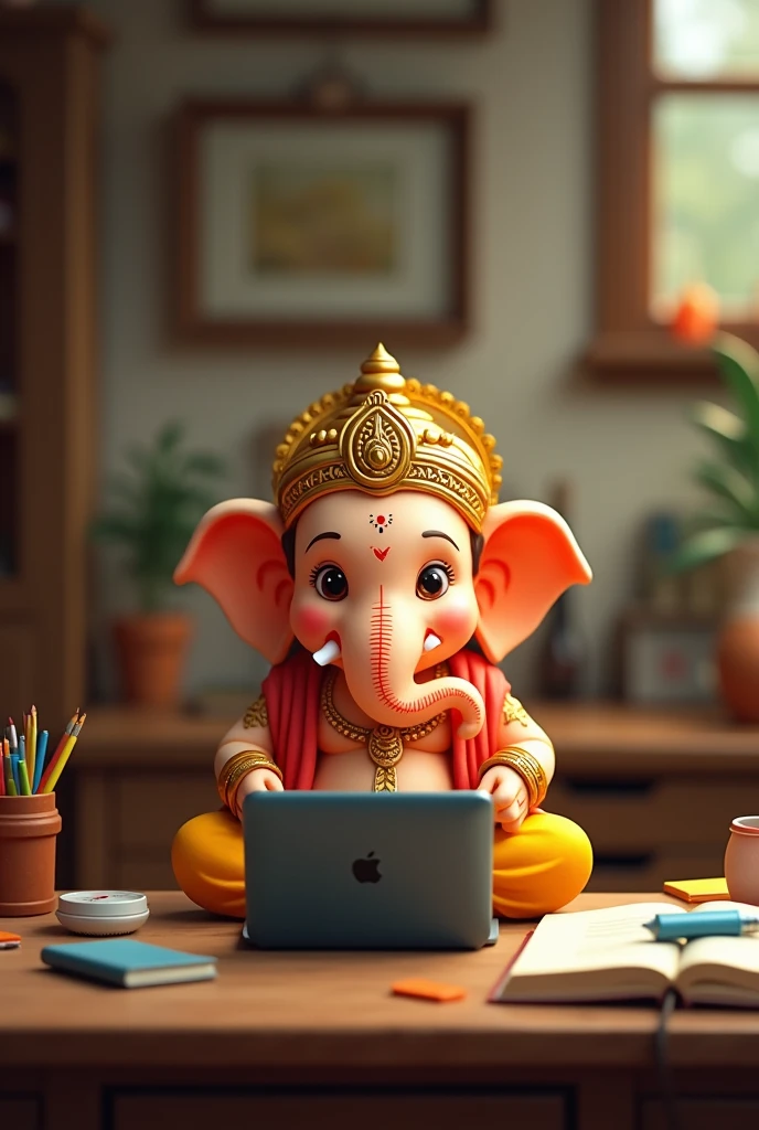 A cute min cartoon Ganpati Bappa working with laptop