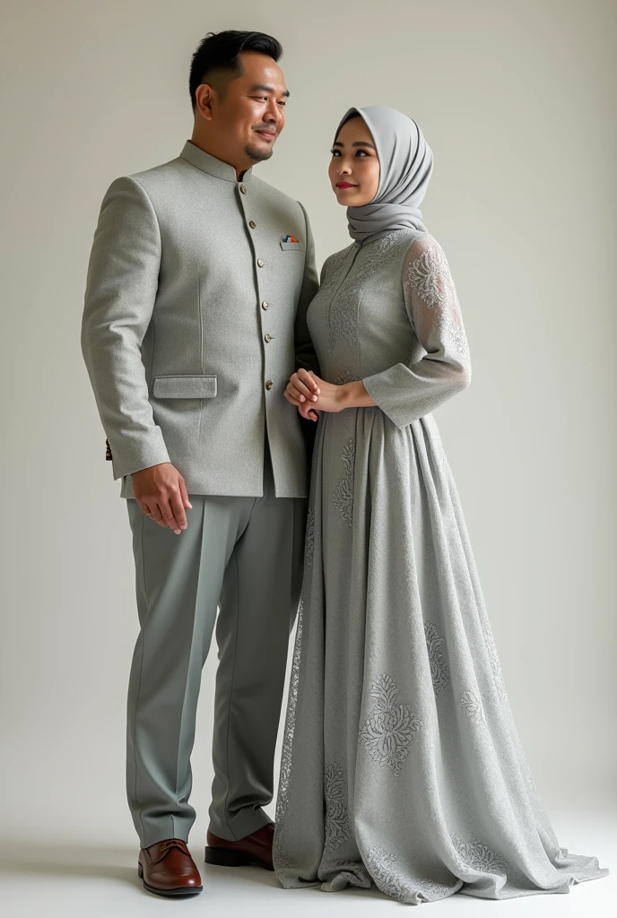 A strong man wearing a short songket coat with a diamond flower pattern in light gray color and slack pants in gray color together with a Muslim woman wearing a light gray lace fabric dress