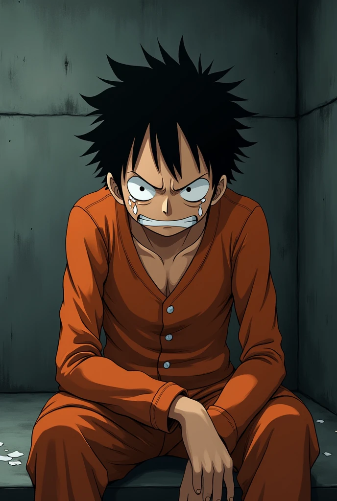 Monkey D. Luffy in an orange long-sleeved prison uniform with his eyes closed and crying inside a prison 