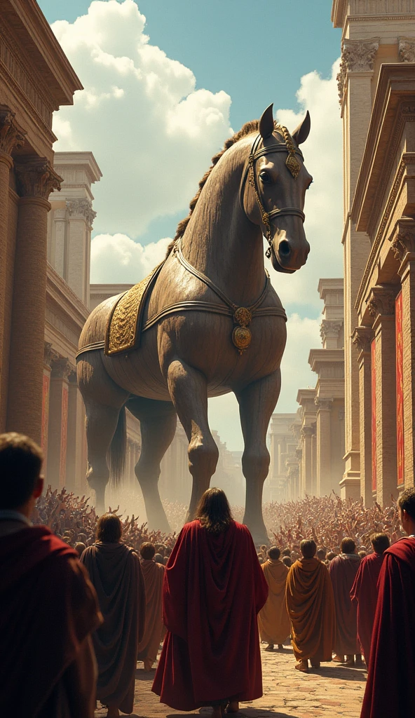 "A dramatic scene of the Trojan horse being wheeled into the city of Troy, with cheering crowds and detailed depictions of ancient Trojan architecture and the unsuspecting Trojan king."