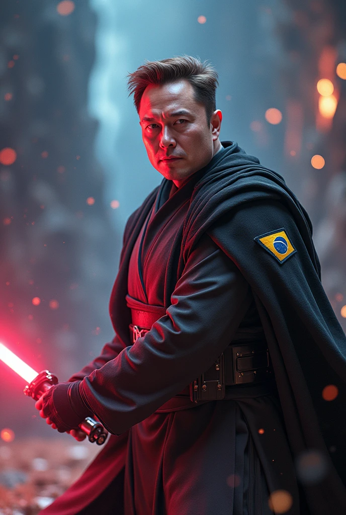Image of Elon Musk wearing a Star Wars obi outfit with a Brazilian patch knocking Voldemort away