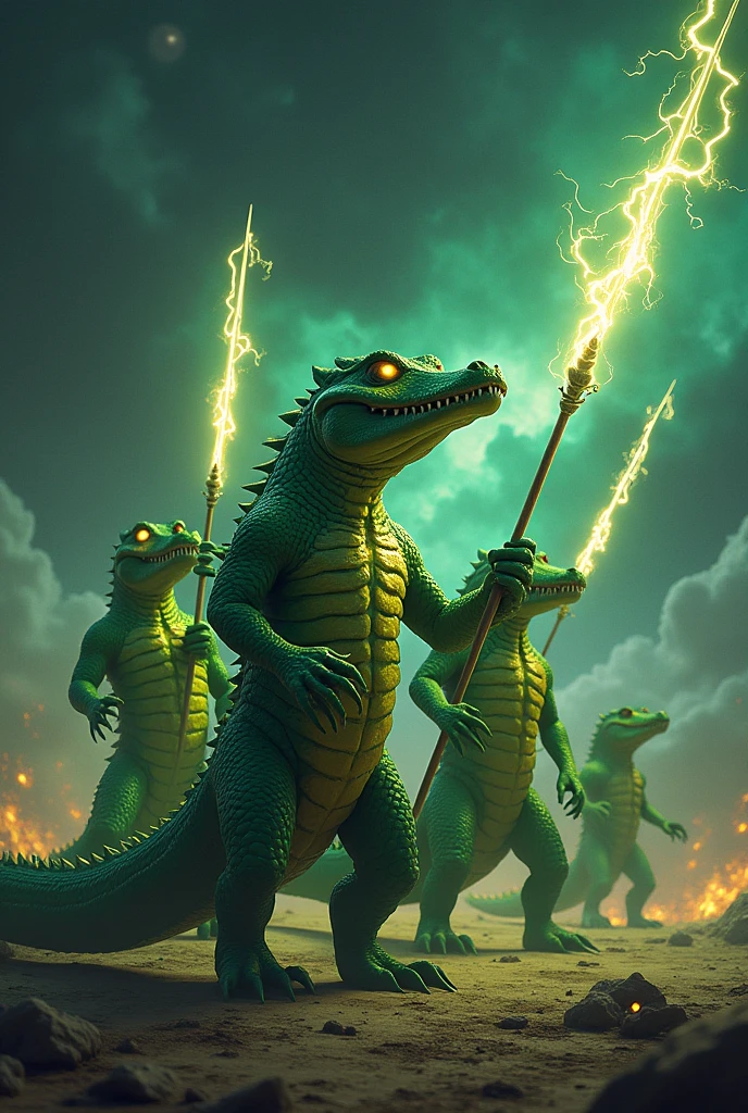 Create several adult sized green humanoid reptilian beings resembling alligators and their eyes are pulsating gold and they all hold electric spears and behind them is the constellation of the Pleiades and Orion in war zone