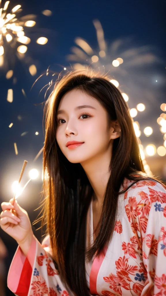 high resolution、Japanese women、Beauty、cute、Brown long hair hairstyle、Small face、Beautiful skin、Large breasts、Reality Stick、night、（Fireworks:1.5）、outside、夏のnight、Sexy pose、Sexy look、kimono with long sleeves.The front is closed