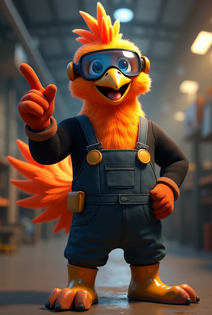 A Phoenix Hail, with welding mask on head, safety glasses, ear plugs, Security boots, gloves, black overalls and black long-sleeved shirt, cheered up, con una mano en la cintura y la otra señalando con el dedo meñique cheered up mirando hacia el frente