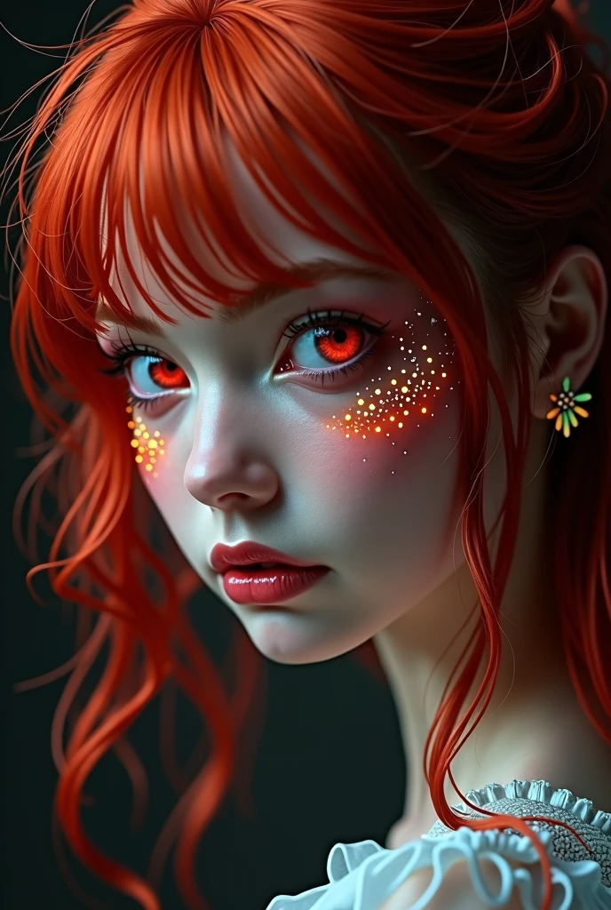 1girl, star eye, blush, perfect illumination, red hair, red eyes, unreal engine, sidelighting, detailed face, bangs, bright skin, simple background, dark background