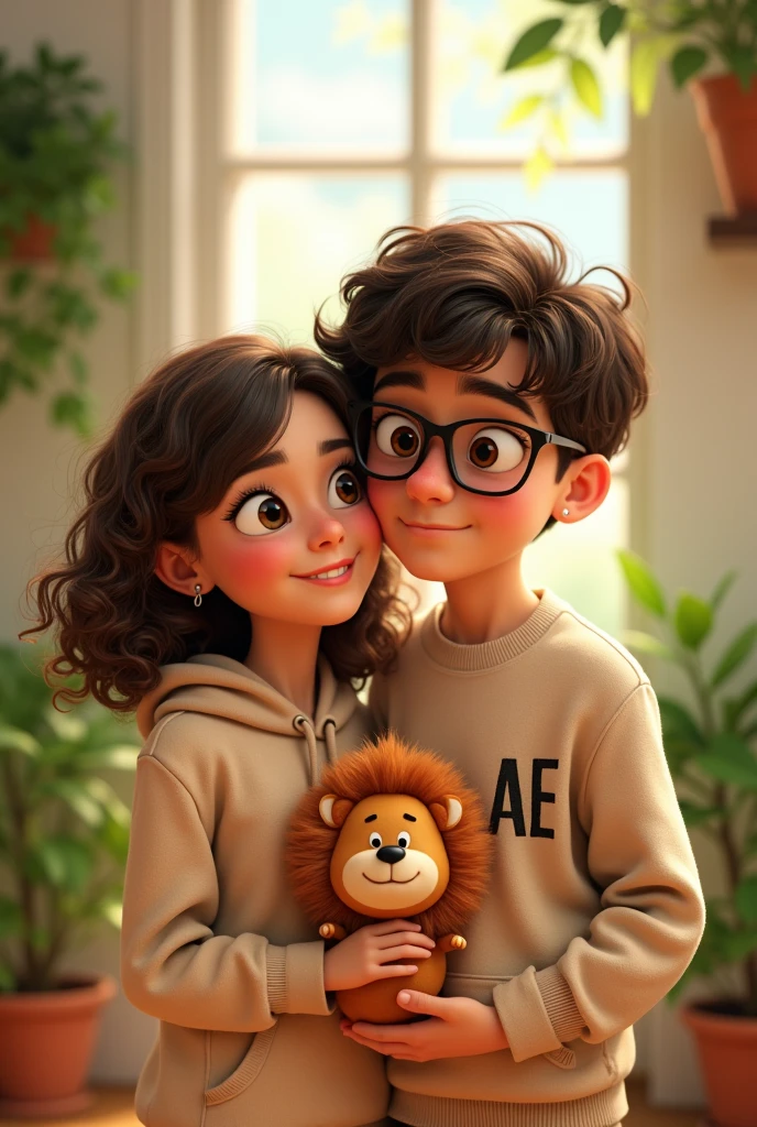 Pixar-style poster of two lovers, In a white house with plants around a girl with curly brown hair, white, with brown eyes, long eyelashes and small nose, wearing a beige hoodie with the initials AE small on the right chest; a boy with dark brown hair, with rectangular frame lenses, dark brown eyes, with a small round black earring in one ear with big lips wearing a beige sweatshirt with the small initials AE on the left side and a light brown sausage bug with a black nose and brown eyes wearing a lion costume