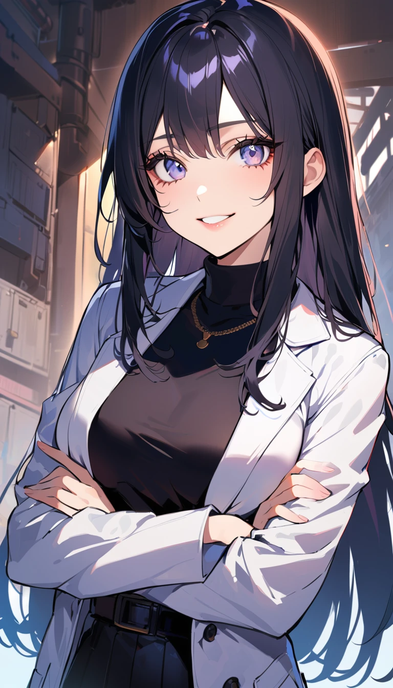 1woman, solo, black hair, middle part, long hair, gray eyes, droopy eyes, detailed eyes, eyelashes, light lips, broadly grinning, 25years old, crossed arms, wear white lab coat, Black turtleneck, Navy blue pencil long skirt ,cowboy shot
