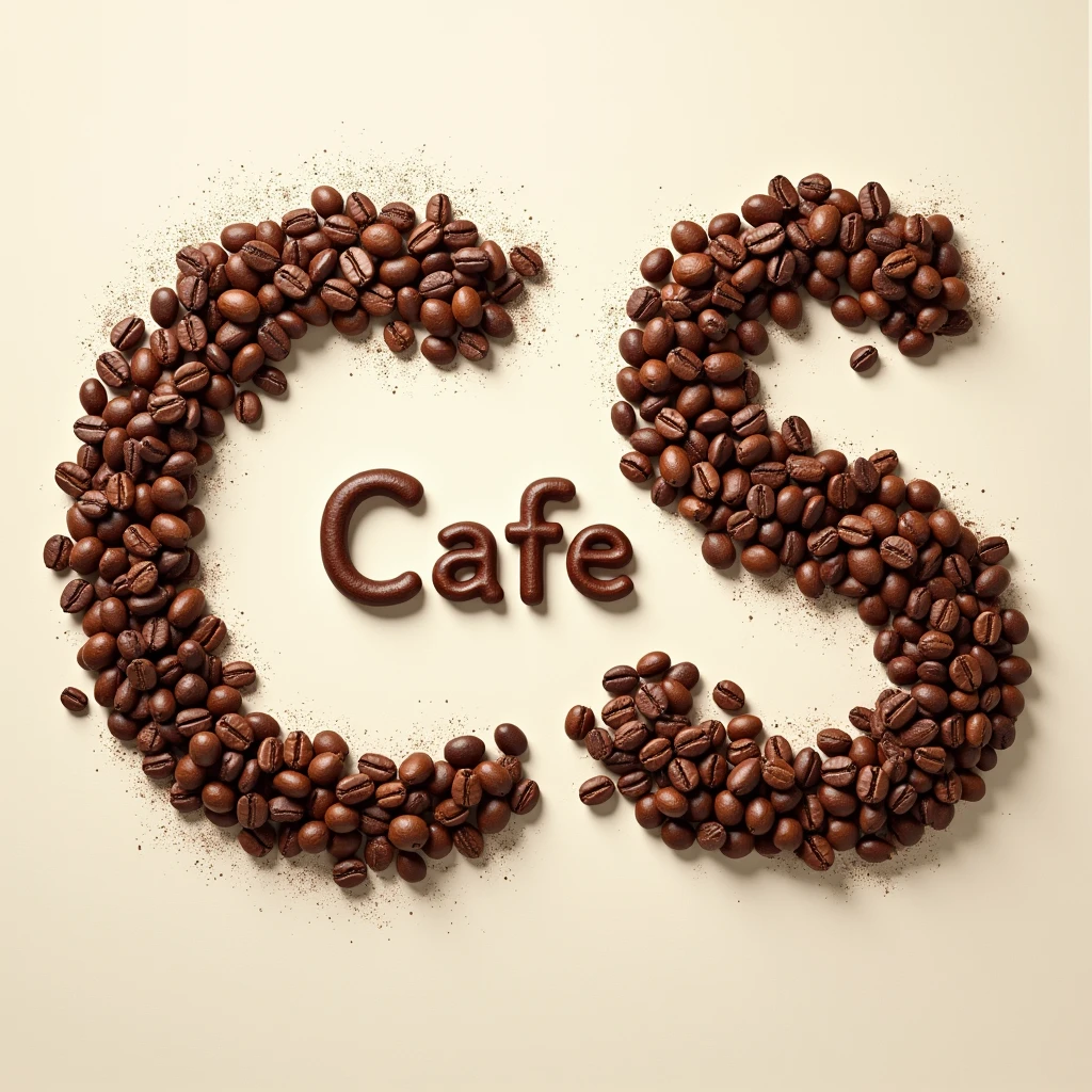 Create a playlist cover, Top down view, Coffe beans arranged to display the word "CS Cafe" and make exactly sure its CS Cafe, make clear its about music