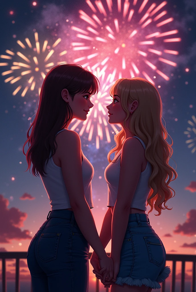 drawing of 2 women holding hands watching fireworks