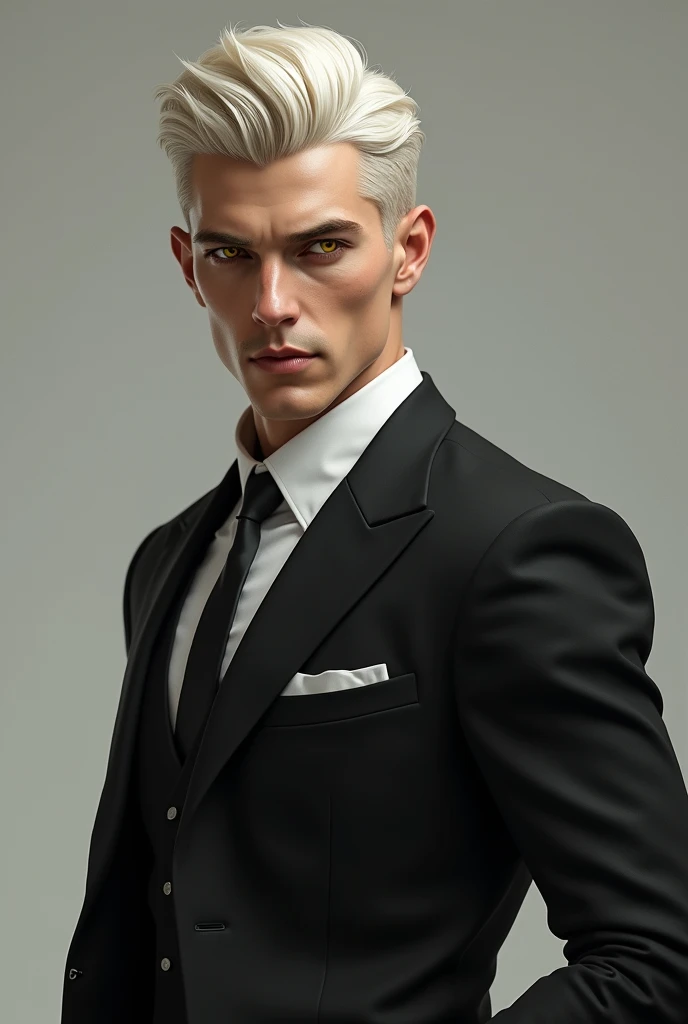 Realistic white blond man with yellow eyes and black suit