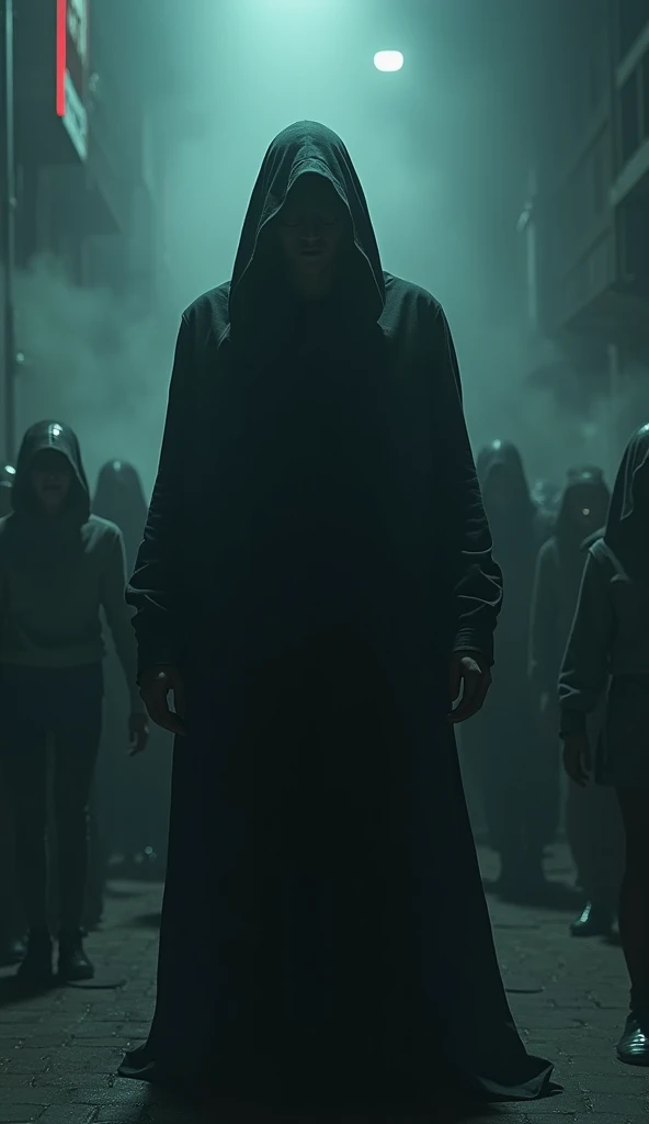 Create an ultra-realistic, 8K quality horror movie poster with a 9:16 aspect ratio. In the poster, a 2 man wearing a black hoodie stands in the foreground, facing forward, with his face clearly visible. Behind him, a group of terrified people can be seen, their expressions showing fear and anxiety. The scene is dark and eerie, with a full horror atmosphere, including ominous shadows and haunting details. The overall design should be highly detailed, capturing the intensity and terror of the moment.