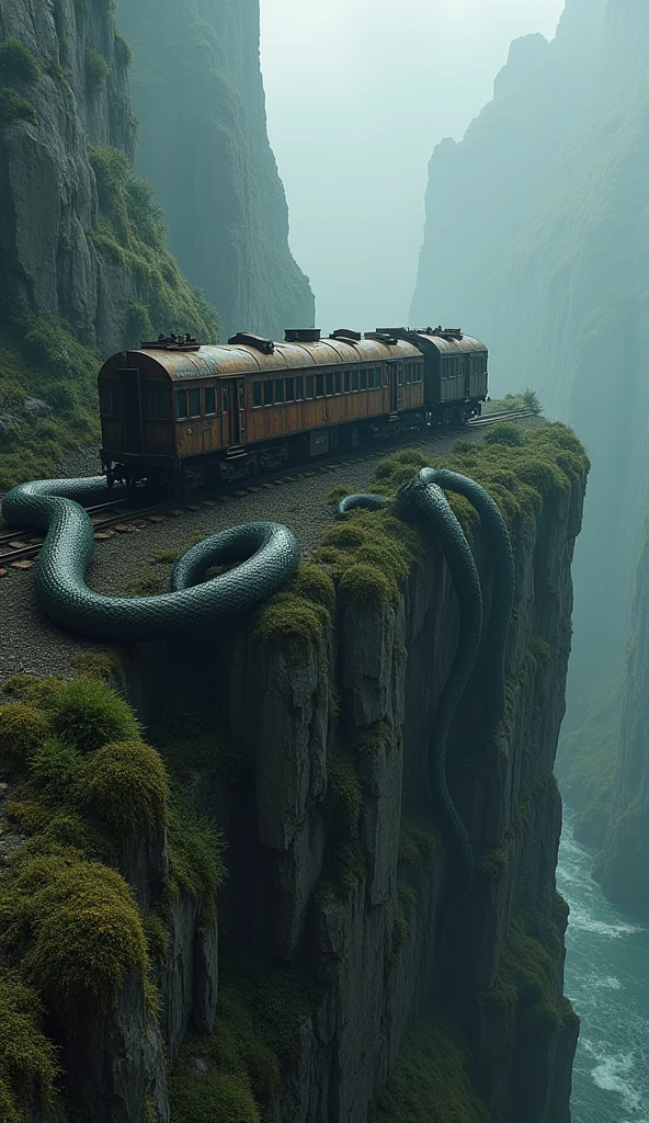 Give me a picture of an old rusty train wrapped around a giant python against a cliff edge background with a creepy, mossy place comparison[9:16]