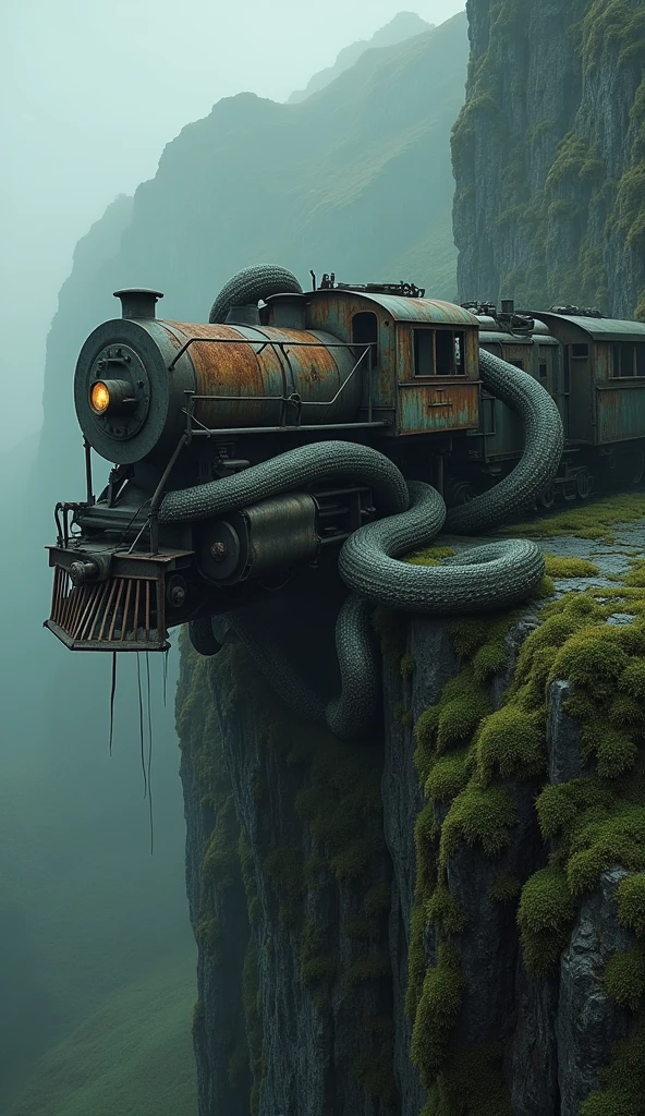 Give me a picture of an old rusty train wrapped around a giant python against a cliff edge background with a creepy, mossy place comparison[9:16]