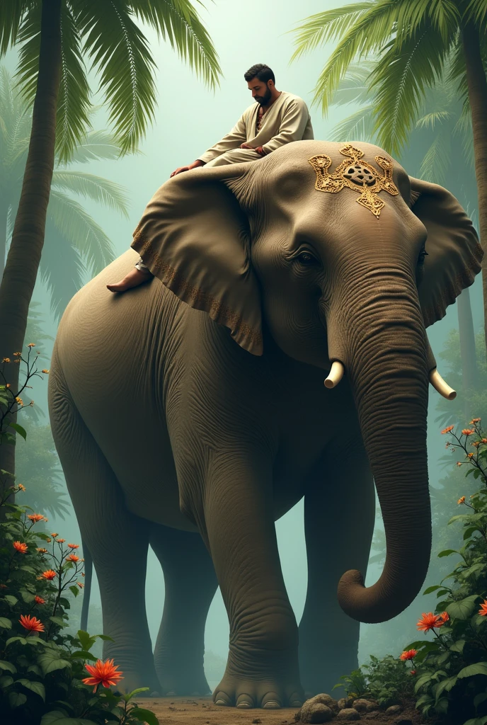 Create a picture of a man sleeping on a giant elephant