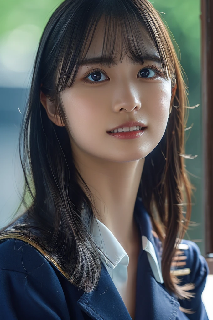 full body shot,(standing,long leg:1.4),long neck,(standing,full_body:1.3),mini skirt,tall stature,(sailor uniform:1.2),(huge breast,cleavage,gigantic breast:1.2),natural make,beautiful face,smile,bob,(Highly detailed face and skin texture:1.4),(solo:1.3), best quality ,masterpiece,ultra high res,(photo realistic:1.3),(8k uhd,RAW photo:1.2),35mm lens, f/1,(Detailed eyes:1.2), Double eyelid